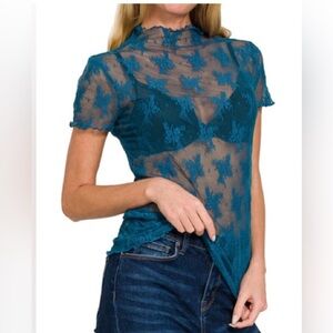 The “Boho Lace Tee” Short Sleeve Top | Teal NWOT